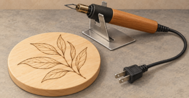 Illustration of an unplugged wood-burning pen in a metal stand beside a wooden plaque with a leaf pattern.
