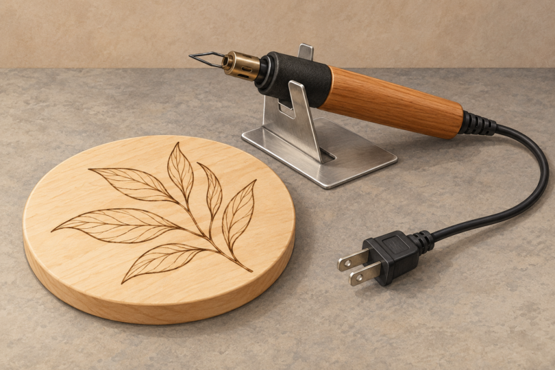 Illustration of an unplugged wood-burning pen in a metal stand beside a wooden plaque with a leaf pattern.