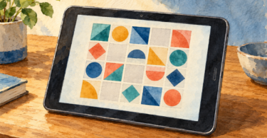 Watercolor illustration of a generic older tablet displaying a grid of colorful geometric puzzle tiles.