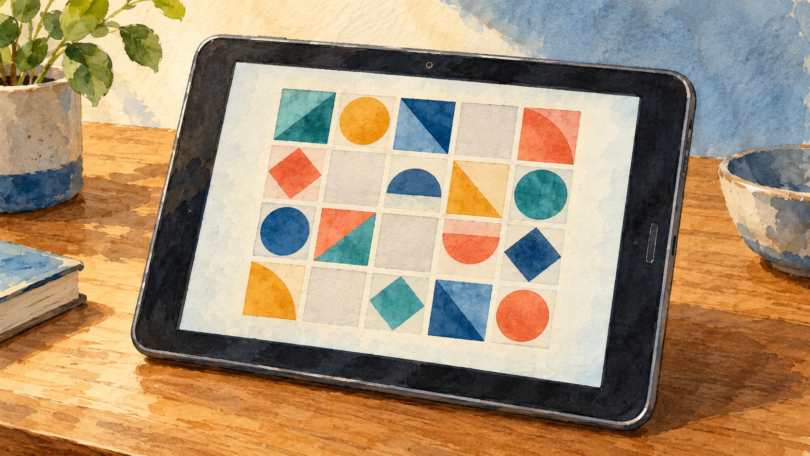 Watercolor illustration of a generic older tablet displaying a grid of colorful geometric puzzle tiles.