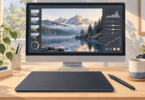 Illustration of a screenless graphics tablet and stylus beneath a monitor displaying a mountain landscape and abstract editing controls.