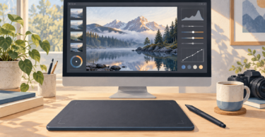 Illustration of a screenless graphics tablet and stylus beneath a monitor displaying a mountain landscape and abstract editing controls.