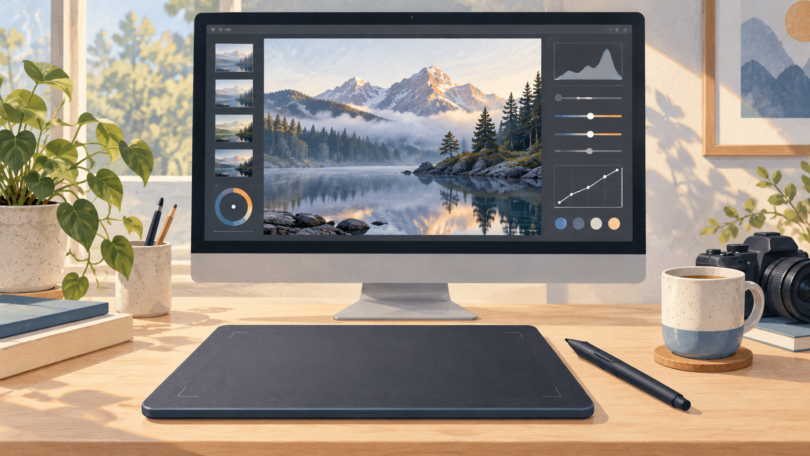 Illustration of a screenless graphics tablet and stylus beneath a monitor displaying a mountain landscape and abstract editing controls.