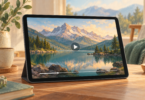Tablet displaying a mountain-and-lake video with a play icon and progress bar
