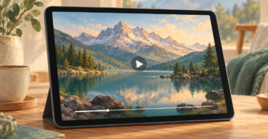 Tablet displaying a mountain-and-lake video with a play icon and progress bar