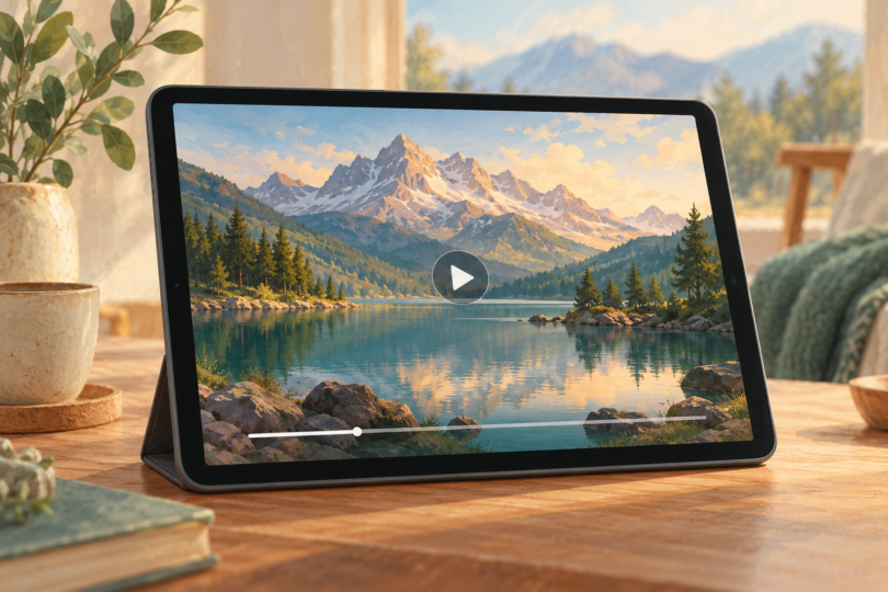 Tablet displaying a mountain-and-lake video with a play icon and progress bar