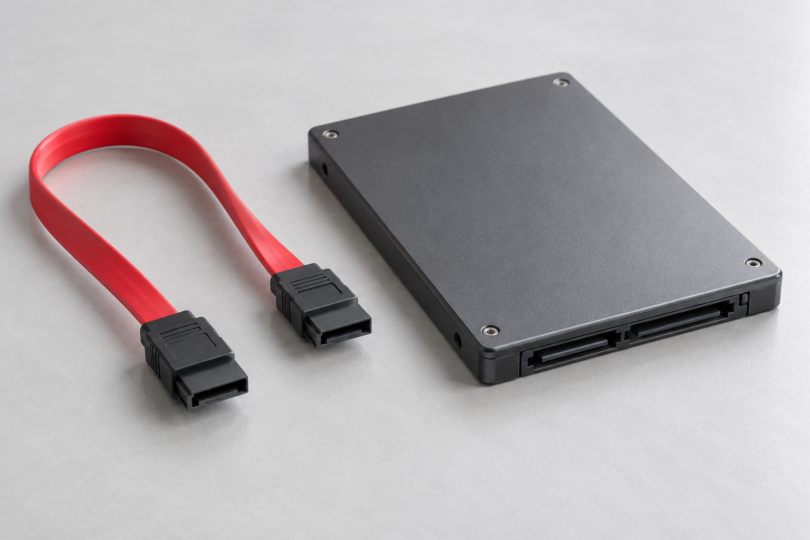 Red SATA data cable with black keyed connectors beside a generic 2.5-inch SSD
