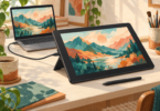 Pen-display drawing tablet connected by a cable to a laptop, with a stylus beside it
