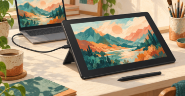 Pen-display drawing tablet connected by a cable to a laptop, with a stylus beside it