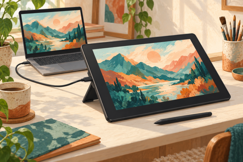 Pen-display drawing tablet connected by a cable to a laptop, with a stylus beside it