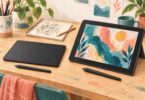 Original editorial illustration of a screenless pen tablet and a separate touchscreen art tablet, each with a stylus; not specific products.