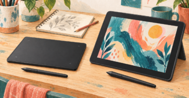 Original editorial illustration of a screenless pen tablet and a separate touchscreen art tablet, each with a stylus; not specific products.