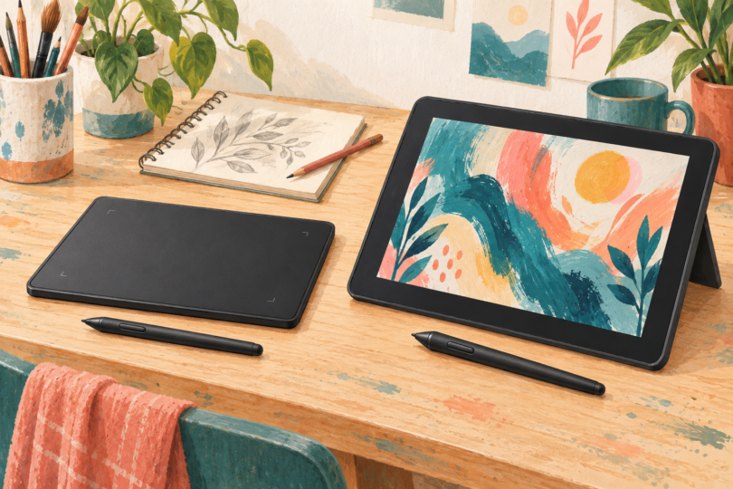 Original editorial illustration of a screenless pen tablet and a separate touchscreen art tablet, each with a stylus; not specific products.