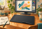 Original editorial illustration of a screenless graphics tablet and stylus beside a separate monitor; not a specific product.