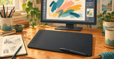 Original editorial illustration of a screenless graphics tablet and stylus beside a separate monitor; not a specific product.