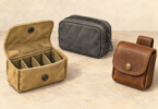 Original editorial illustration of three empty compact storage pouches with flap and zip closures; not specific products.