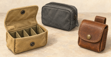 Original editorial illustration of three empty compact storage pouches with flap and zip closures; not specific products.