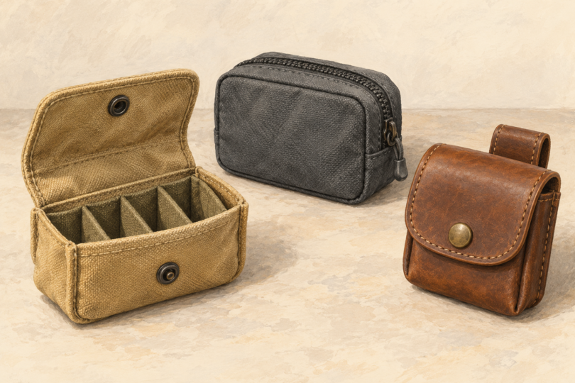 Original editorial illustration of three empty compact storage pouches with flap and zip closures; not specific products.