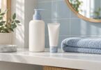 Plain unbranded moisturizer bottle and cream tube beside a folded towel.