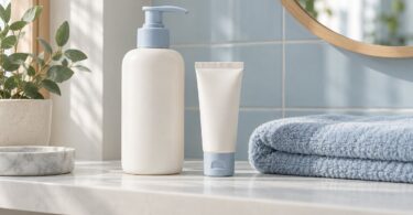 Plain unbranded moisturizer bottle and cream tube beside a folded towel.
