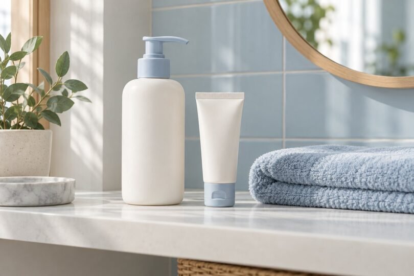 Plain unbranded moisturizer bottle and cream tube beside a folded towel.