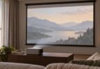 Generic home projector and screen in a softly daylit room with curtains.