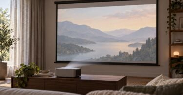 Generic home projector and screen in a softly daylit room with curtains.