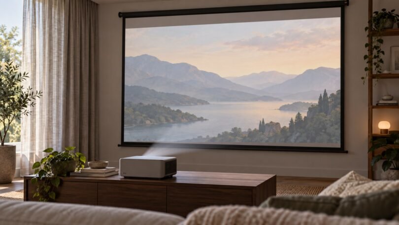 Generic home projector and screen in a softly daylit room with curtains.