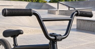 Generic BMX handlebar with ribbed black grips and covered bar ends near a skatepark.