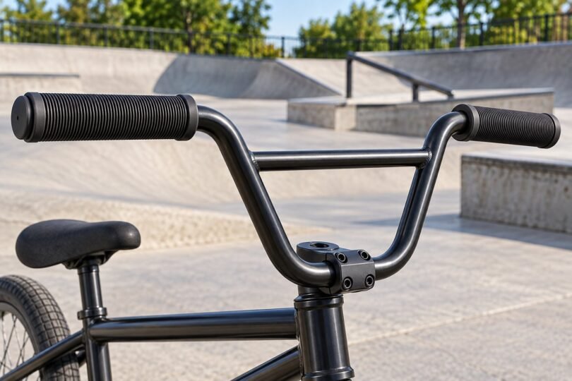 Generic BMX handlebar with ribbed black grips and covered bar ends near a skatepark.