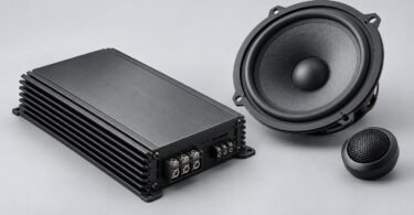 Generic car audio amplifier beside a separate speaker driver and tweeter.