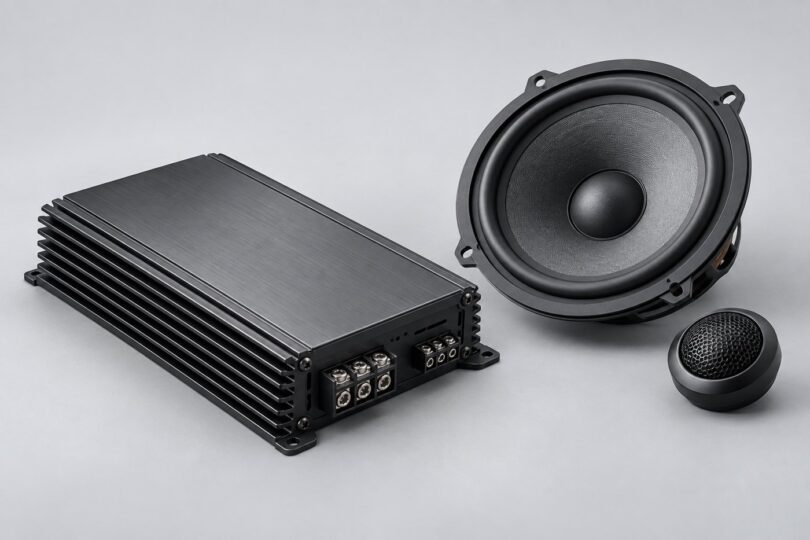 Generic car audio amplifier beside a separate speaker driver and tweeter.