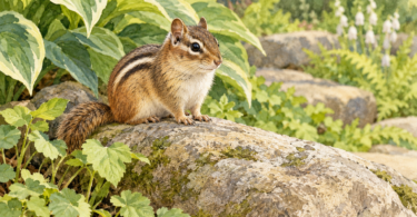 Illustration of a chipmunk sitting on a stone beside green leaves.