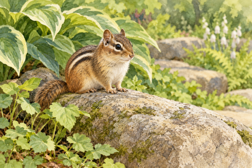 Illustration of a chipmunk sitting on a stone beside green leaves.