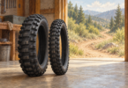 Two knobby motorcycle tires standing on a workshop floor.