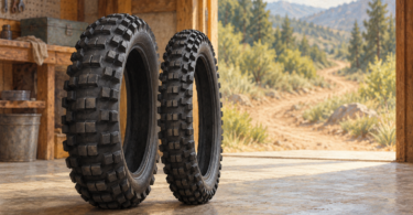 Two knobby motorcycle tires standing on a workshop floor.