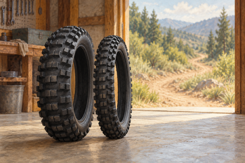 Two knobby motorcycle tires standing on a workshop floor.