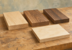 Illustration of several plain solid-wood boards and one layered plywood sample on a workbench.