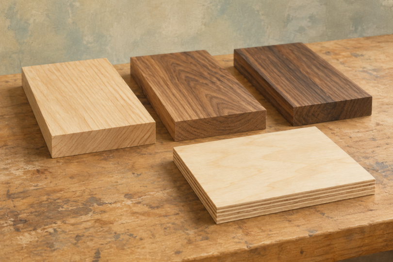 Illustration of several plain solid-wood boards and one layered plywood sample on a workbench.