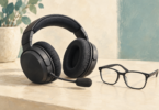 Illustration of a plain over-ear headset beside a pair of eyeglasses.