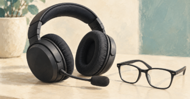 Illustration of a plain over-ear headset beside a pair of eyeglasses.