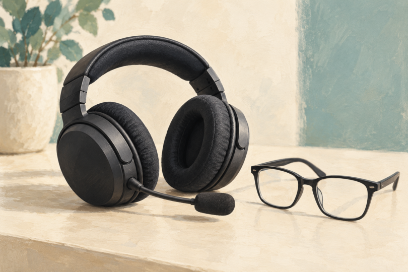 Illustration of a plain over-ear headset beside a pair of eyeglasses.