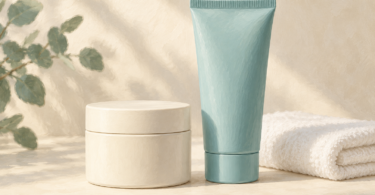 Illustration of a plain closed skincare jar and tube beside a folded towel.