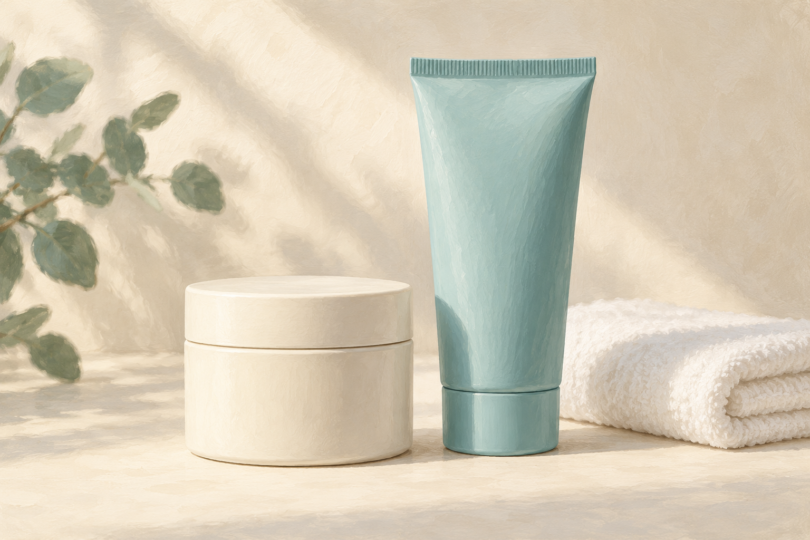 Illustration of a plain closed skincare jar and tube beside a folded towel.