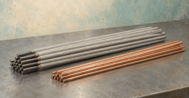 Illustration of coated welding electrodes and bare filler rods resting separately on a metal work surface.