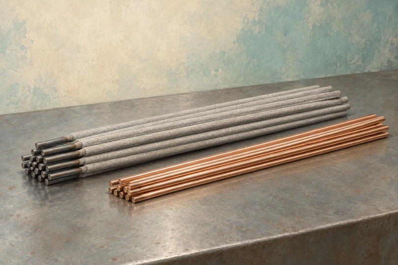 Illustration of coated welding electrodes and bare filler rods resting separately on a metal work surface.