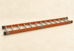 Illustration of a retracted extension ladder resting horizontally on a plain surface.