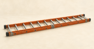 Illustration of a retracted extension ladder resting horizontally on a plain surface.