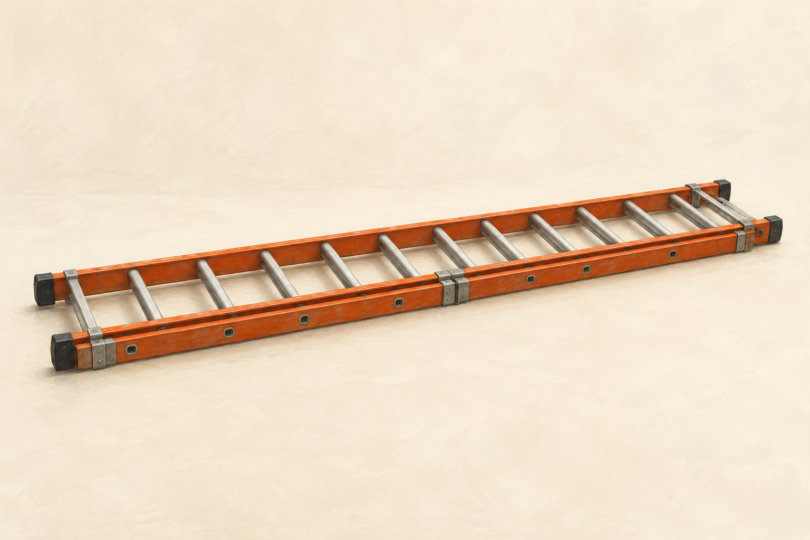 Illustration of a retracted extension ladder resting horizontally on a plain surface.