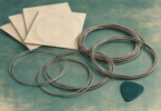 Illustration of coiled electric-guitar strings beside a plain guitar pick and blank paper sleeves.